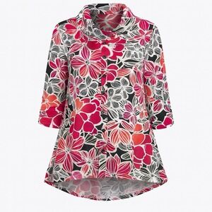 NWT Kim Rogers Womens 3/4 Scrunch Sleeve Bright Pink Floral XL Tunic Shirt Top
